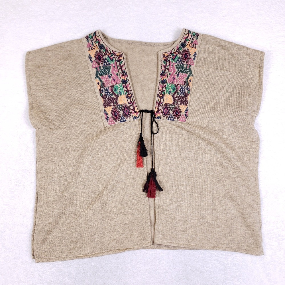 Italy Embroidered Knit Poncho Vest One Size Beige Boho Tassel Tunic Top